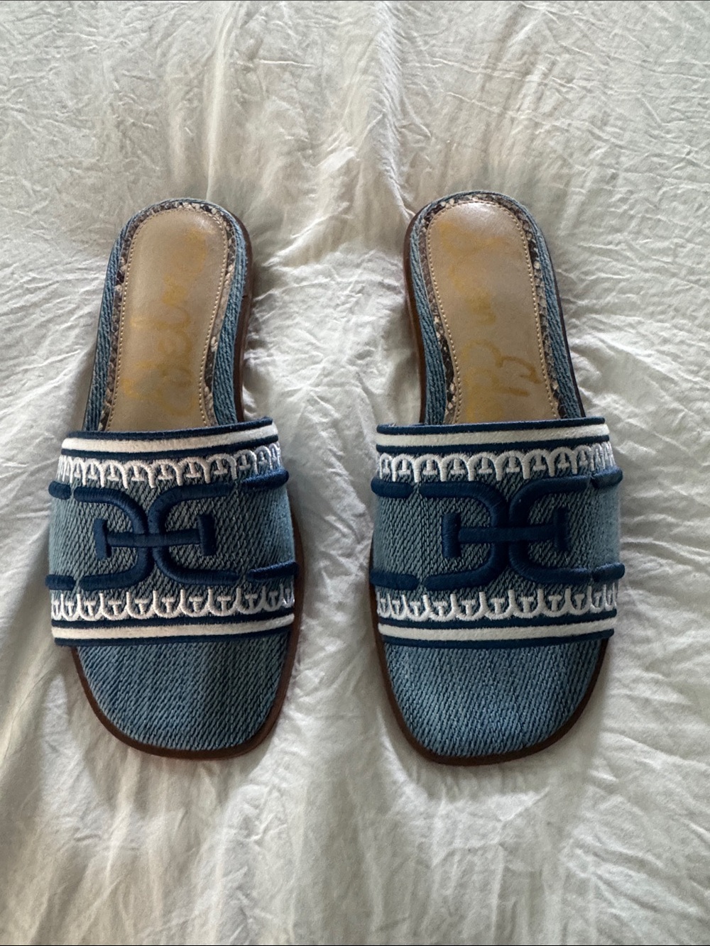 Sam Edelman Women's Blue Embroidered Slide Sandals
